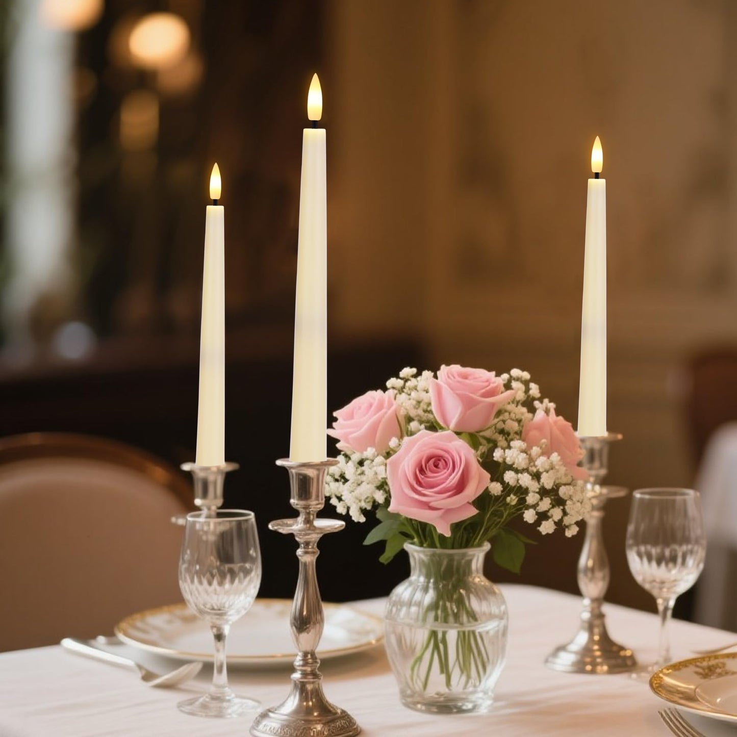 AFINETH Flameless Taper Candles with Remote, Flickering Battery Operated Candles, Ivory 9.6" Led Flameless Candlesticks for Home Party Weeding Festival Decor, 2 Pack