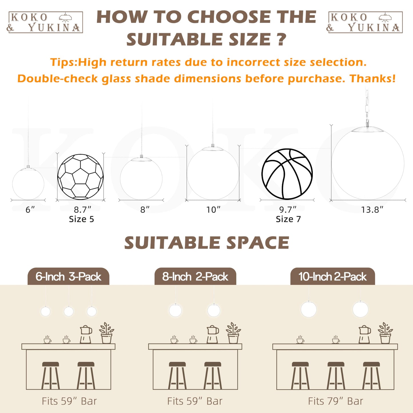 KoKo&Yukina 6 Inch Globe Pendant Light Nickel Globe Pendant Lights Kitchen Island Mid Century Light Fixture with Milky White Glass Shade for Dining Room (2 Pack)