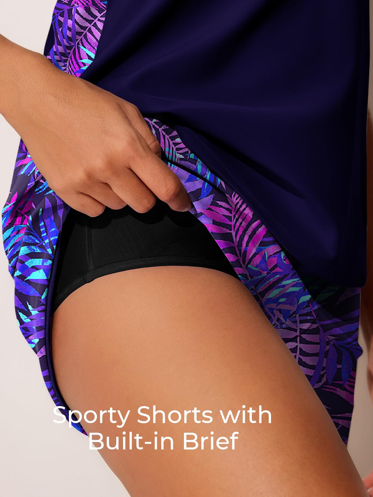 Summer Mae Blouson Tankini Swimsuits for Women 2026 Tummy Control Two Piece Bathing Suits with Sporty Pockets Swim Shorts Purple Leaf Shadows Size 16