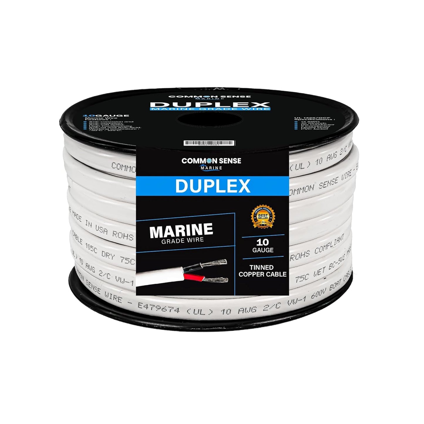 10 Gauge Marine Wire - 30 ft Duplex Flat Tinned Copper Oxygen-Free Insulated | 10/2 AWG UL 1426 PVC for Boats, Automotive, and Trailers