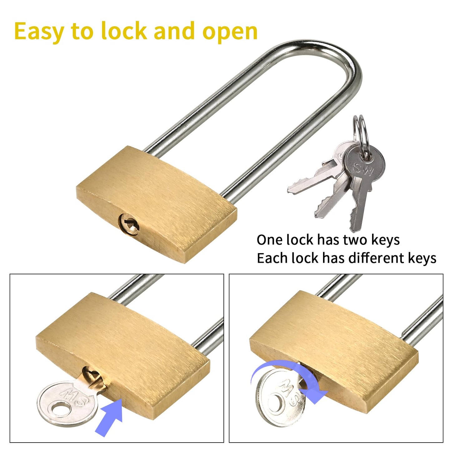 Lockwise 2 Pack Long Shackle Padlock, 2.9 in Waterproof Solid Brass Locks with 3 Keys, Padlock with Key for Gym Locker, Fence, Sheds (Light-Duty)