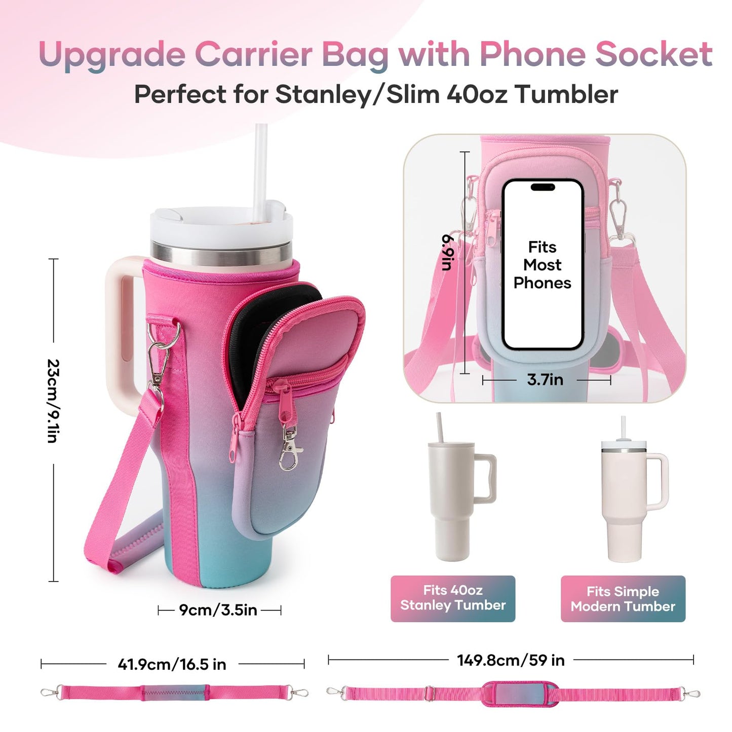 linmaya Water Bottle Carrier Bag for Stanley Cup 40/30oz with Phone Holder Pockets,Neoprene Water Bottle Cross-body Bag with Adjustable Shoulder & Hand Strap Stanley Cup Accessories