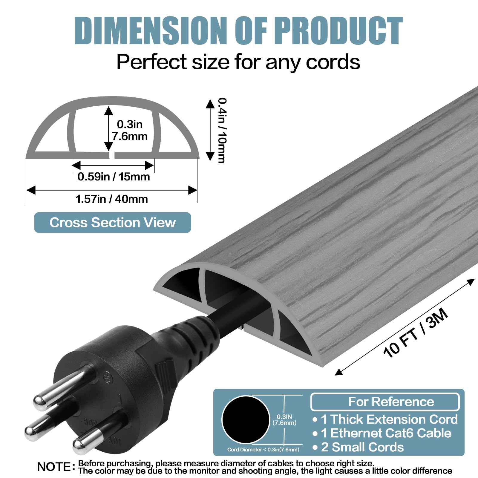 Floor Cord Cover Self Adhesive Cord Hider,10FT Cable Management, Extension Strip Protector for Wires, Prevent Cable Trips for Offices, Gyms, Exhibitions Cavity:0.51"(W) x 0.3"(H) Gray Wood