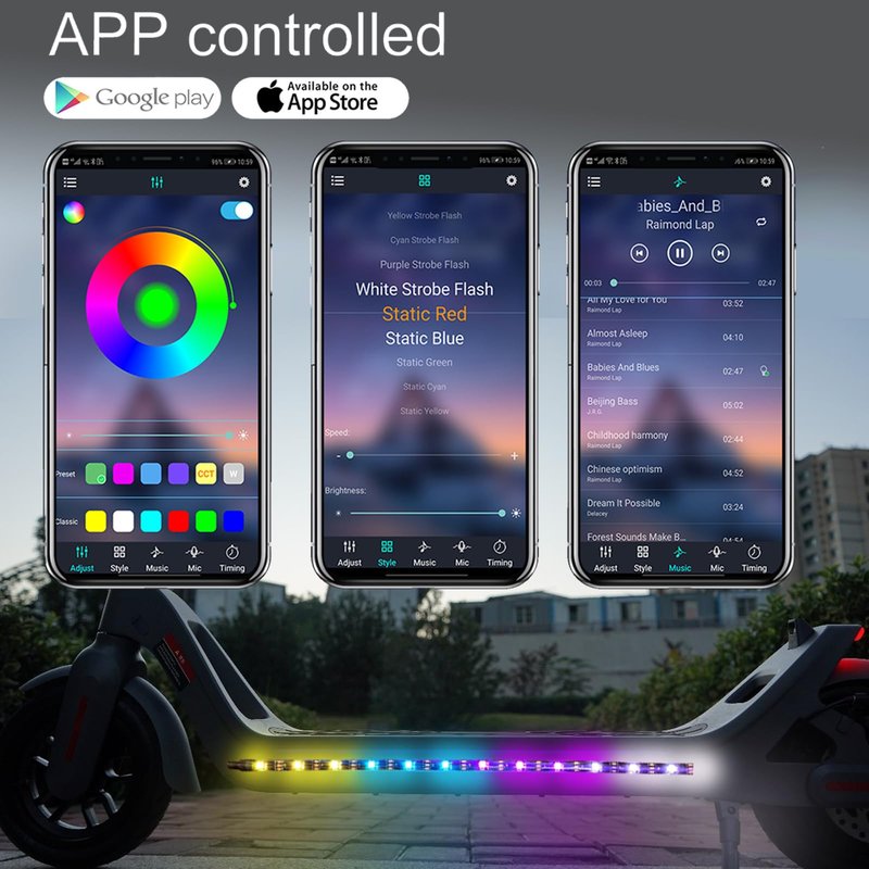 2 Strip Electric LED Music Sync Multicolor Lightning Changing Scooter Skateboard Bicycle Riding Lights Wireless Battery Powered USB Remote APP Bicycle Scooter Lights