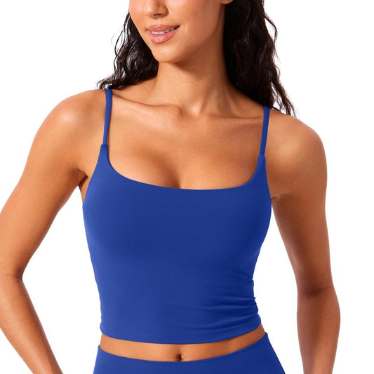 CRZ YOGA Butterlift Adjustable U Back Crop Tank Tops for Women - Padded Camisole Scoop Neck Workout Longline Sports Bras Waves Blue Small