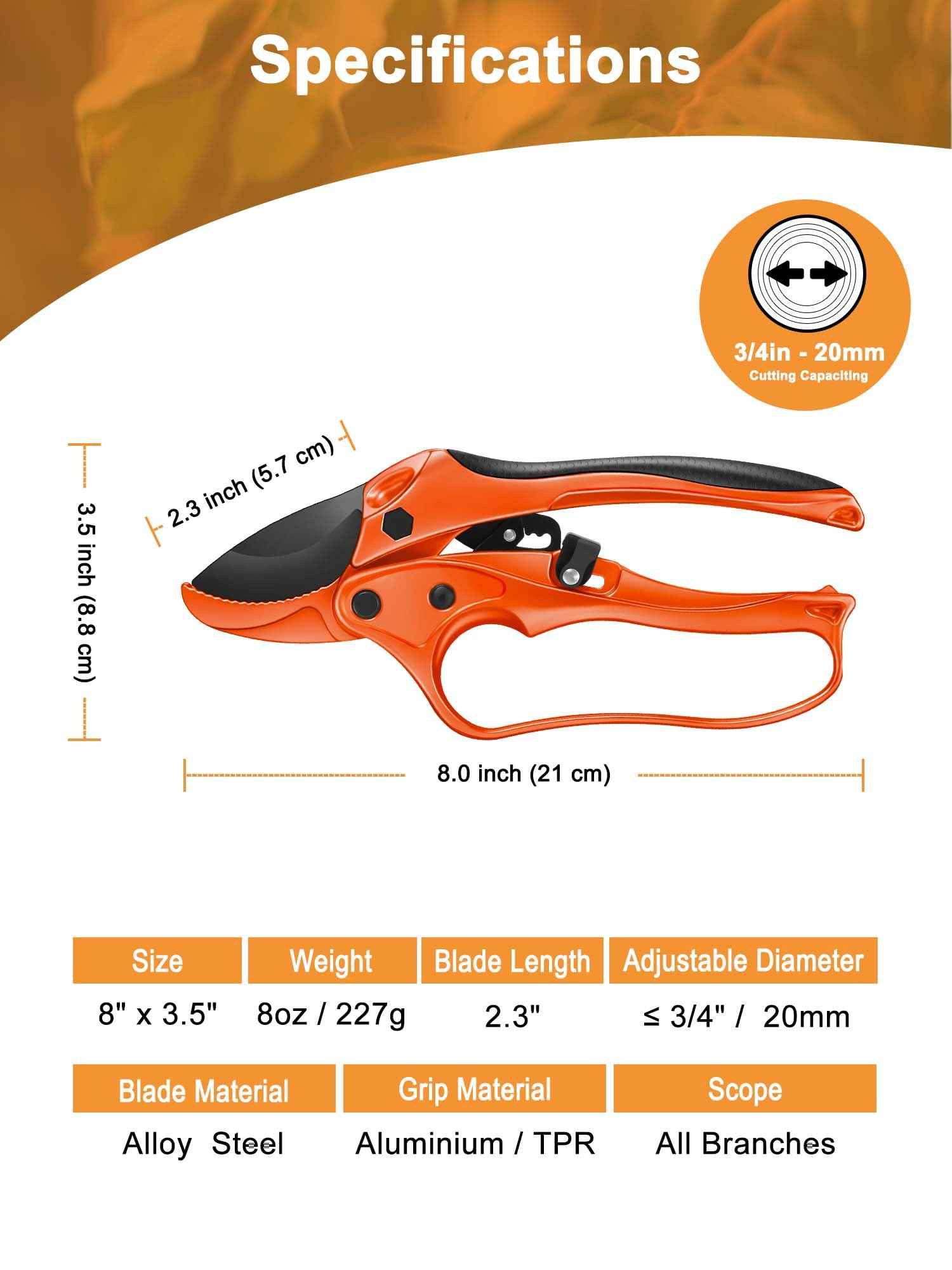 Rotbackmin Ratchet Anvil Pruning Shears for Gardening Heavy Duty, Labor-Saving Design Garden Clippers for Arthritis Weak Hands, 3/4" Cut Capacity Branch Cutter for Tree Trimming, Flower, Rose, Plant