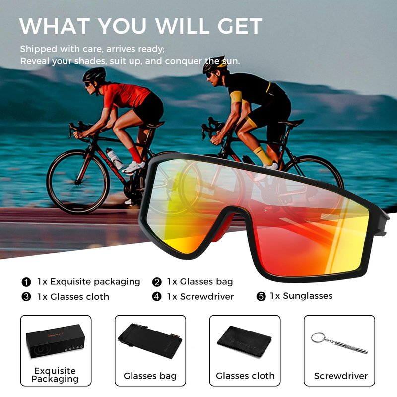 SUANGIT Polarized Cycling Sunglasses for Men Women Red Sports Running Bike Shades UV Protection Goggles (Matte Black Frame/Red Mirror Lens)