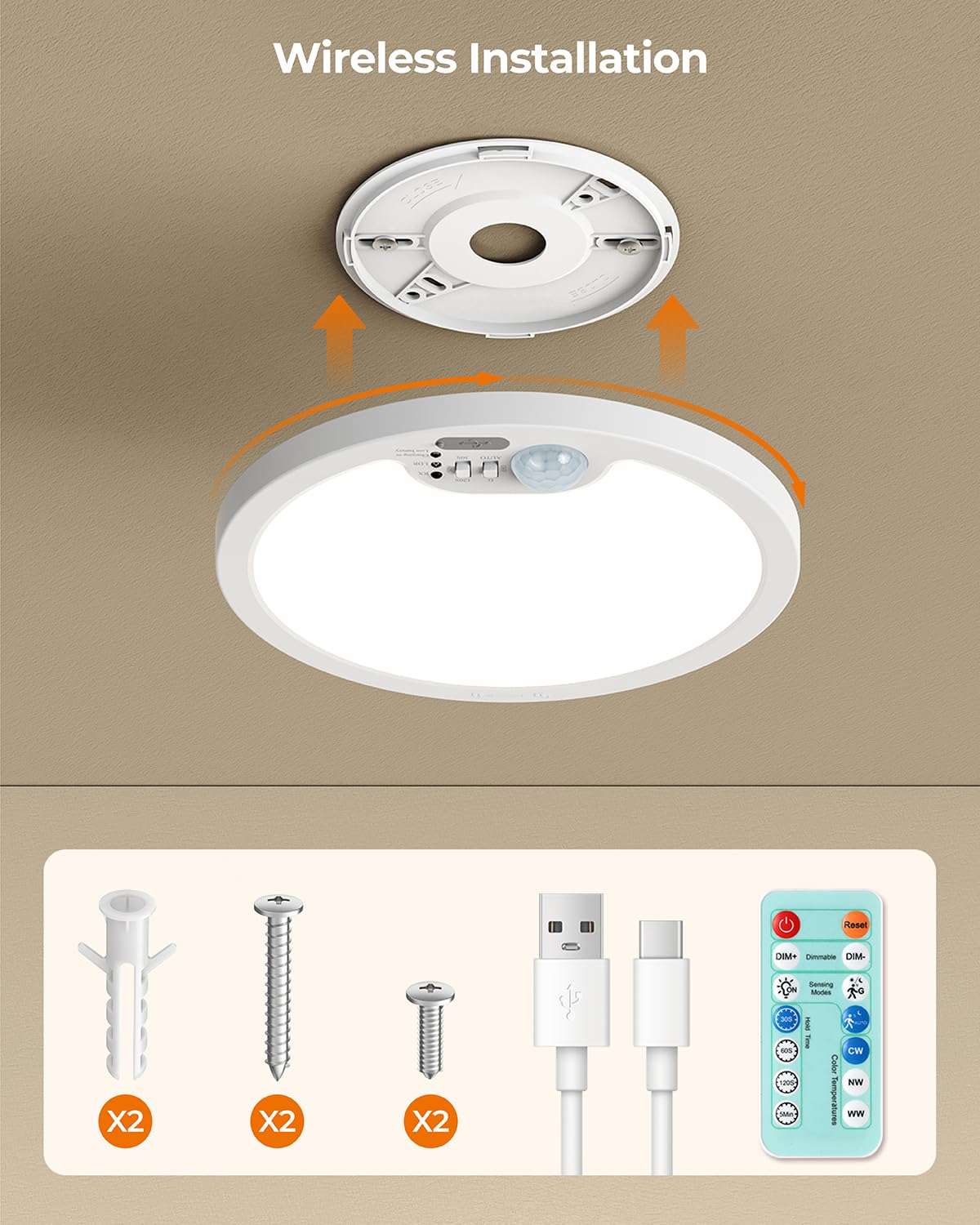 BLNAN Rechargeable Motion Sensor Ceiling Light with Remote, Dimmable Closet Light, LED Shower Lights, Waterproof Battery Operated Ceiling Light for Closet Shower Stairs Shed Hallway Porch