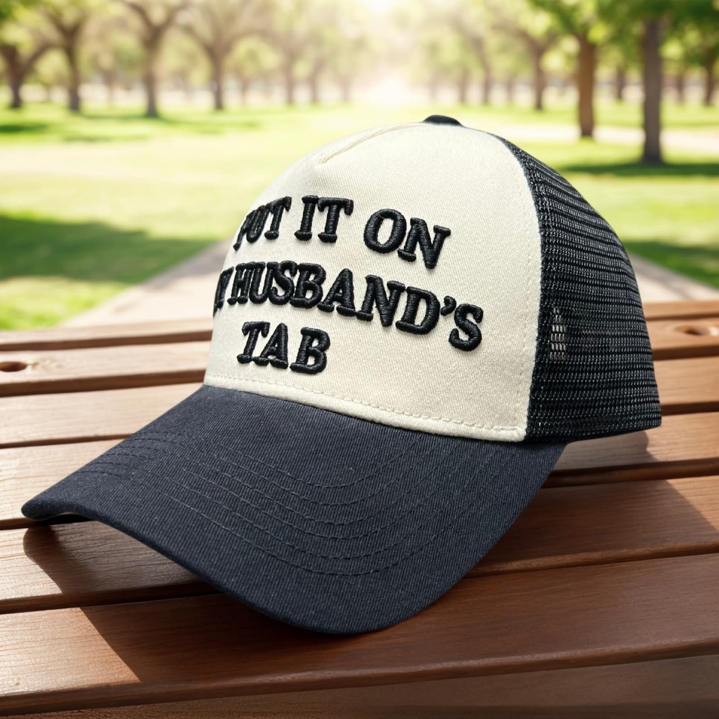 Put It On My Husband’s Tab – Funny Women’s Trucker Hat – 3D Embroidered Mesh Cap, Adjustable Snapback, Retro 5-Panel Baseball Hat