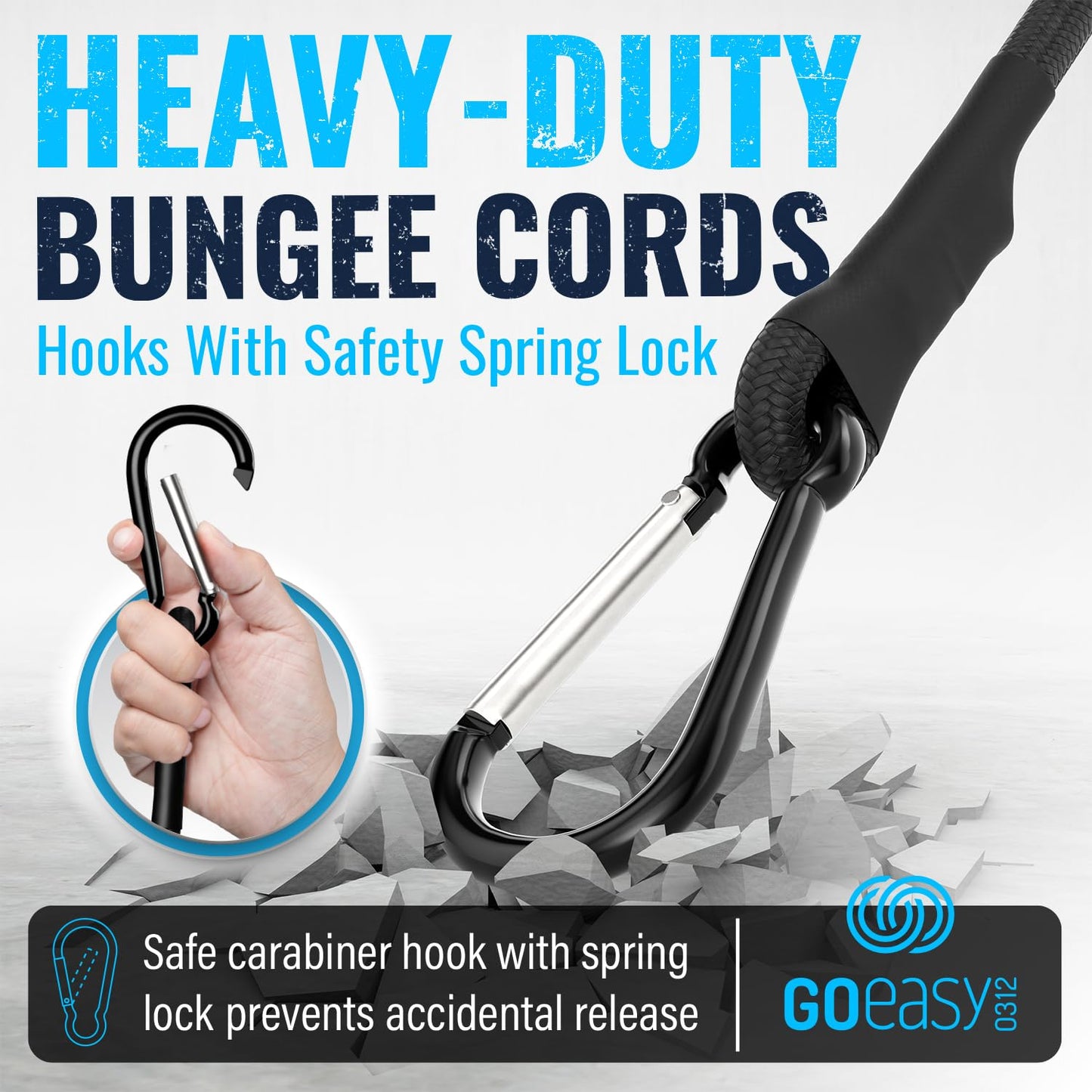 GOEASY0312 Carabiner Bungee Cords with Hooks Heavy Duty - 12", 18", 24" UV Resistant Black Bungee Cords with Carabiner Hooks for Outdoors, 200 LBS Max Break Strength - 6PCS (Black)