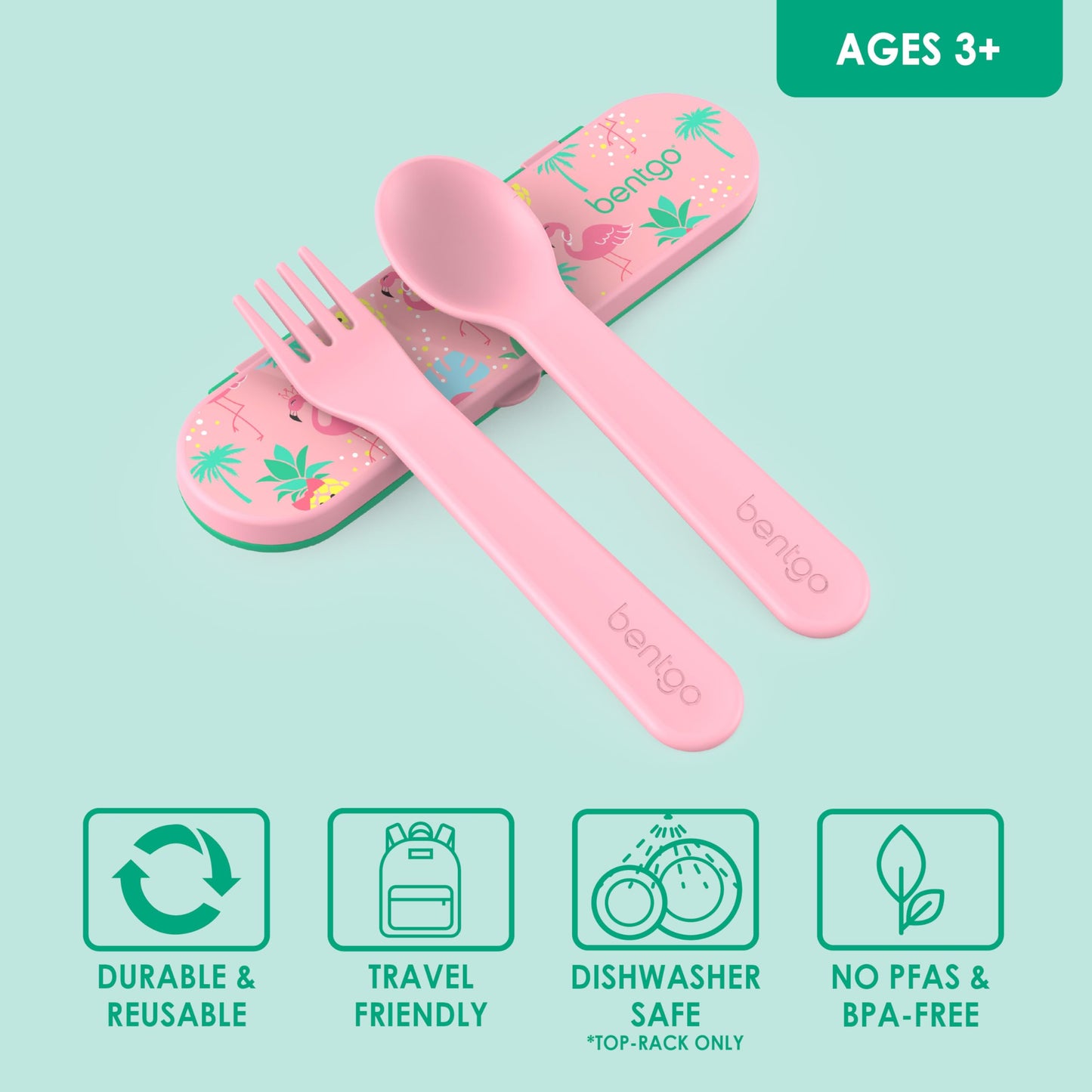 Bentgo® Kids Plastic Utensil Set - Reusable Fork, Spoon & Storage Case, PFAS- & BPA-Free, Easy-Grip Handles, Lightweight, Dishwasher Safe, School Lunch, Travel & On-the-Go (Tropical)
