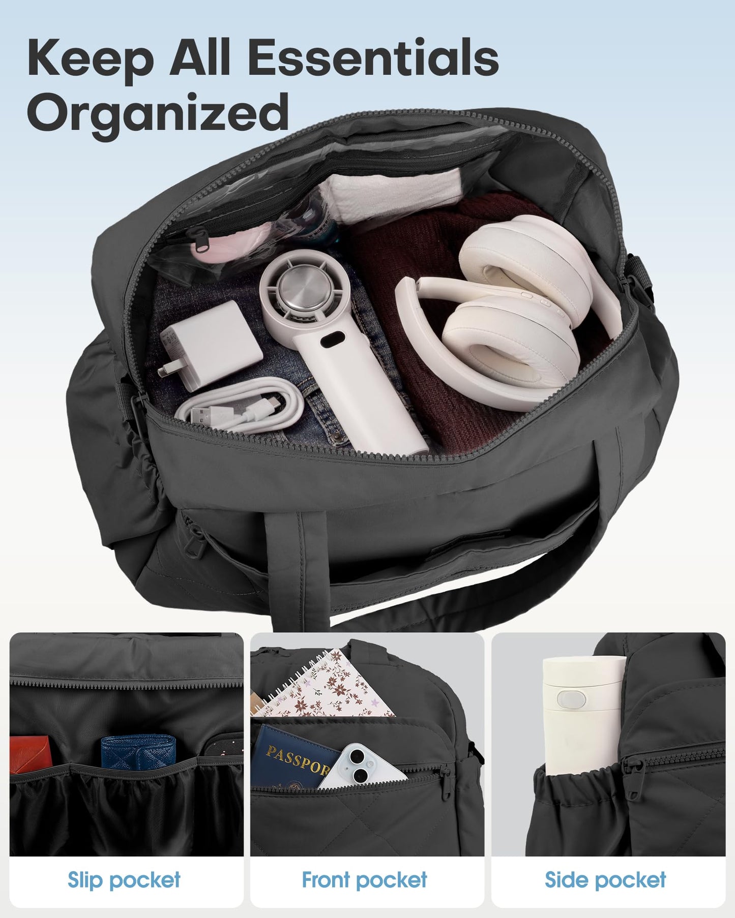 HOTOR Gym Bag for Women - Lightweight Travel Duffle Bags with Wet Pocket & Separate Shoe Bag, Multi-Pocket Carry on Weekender Duffel for Sports, Fitness, Overnight Trip, Black, 18.1" x 8.7" x 13.4"