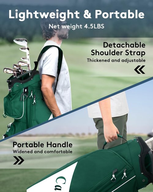 Golf Cart Bag:14 Way Full Length Divider Top Lightweight with Cooler Handles Rain Cover and Golf Shoe Bag Green (Dark Green)