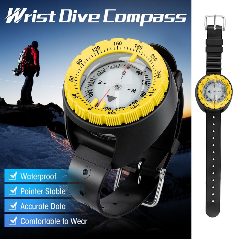 Scuba Compass, Professional Waterproof 5ATM Dive Wrist Compass with TPU Band for Outdoor Sports Diving, Sailing, Hiking, Survival Emergency (Yellow)
