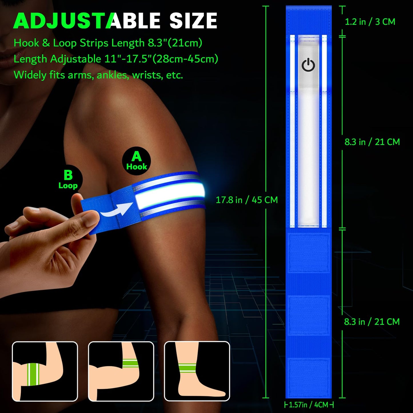 Ylzzrs LED Armband for Running(2 Pack),Light Up Arm Bands for Night Walking Running,Rechargeable Lights for Runners,High Visibility Reflective Running Gear Adjustable Light Up Wristbands (Blue, Plus)