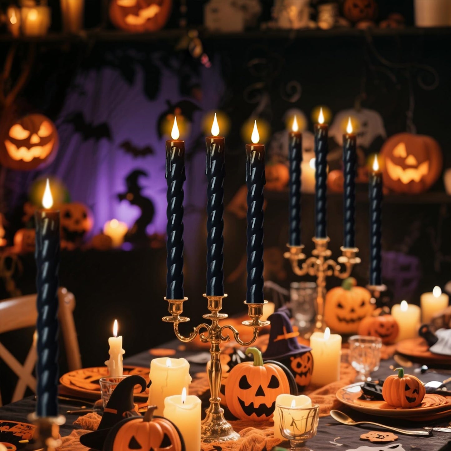 Eldnacele Plastic Flameless Taper Candles with Remote and Timer, Black Spiral Taper Candles Battery Operated Flickering Flame Lights Lifelike LED Candlesticks Set of 2 for Indoor Home Holiday Decor