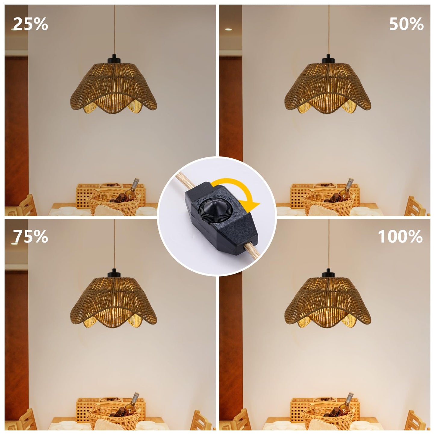 ZSDHXi Plug in Pendant Light, Boho Rattan Hanging Lights with Plug in Cord,Rustic Hand Woven Wicker Hanging Lamp with On/Off Switch, Adjustable Plug in Ceiling Light for Kitchen Bedroom Living Room