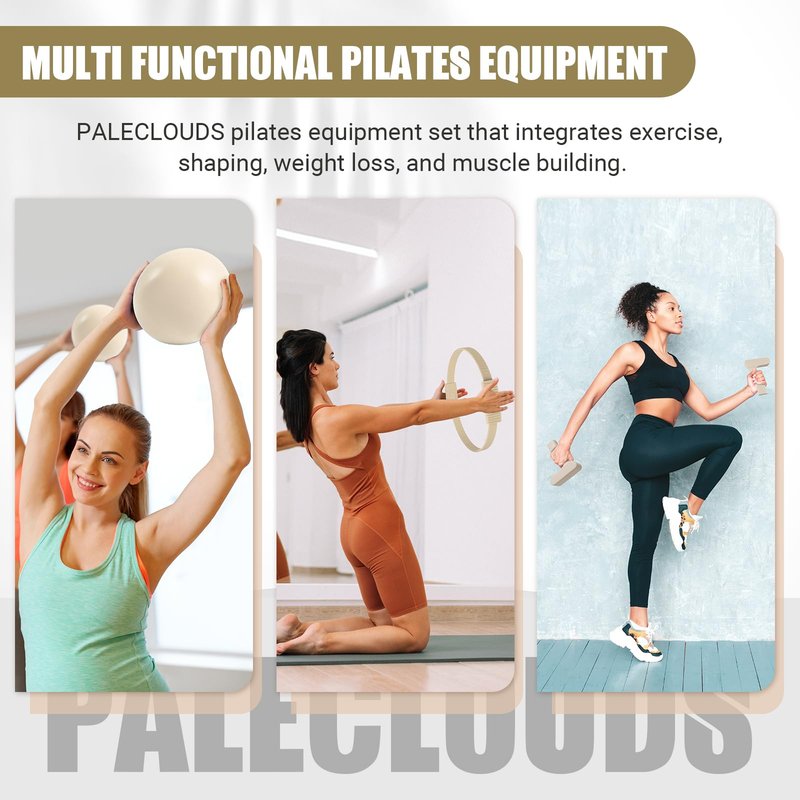Paleclouds Pilates Ring Set, Pilates Essential Kit with Pilates Ring and Ball, 2.2lb *2 Ergonomic 7-Shaped Dumbbells, Portable Bag & Training Poster, at Home Workouts Pilates Sets for Women (Beige)