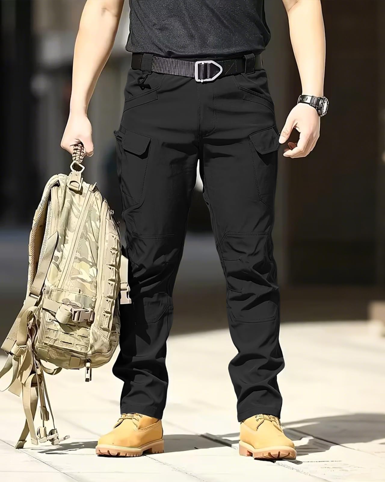 LRYXXX Men's Tactical Pants Stretch Waterproof Fabric Durable Cargo Pants for Hiking Casual Work Multi Pockets (No Belt),Black