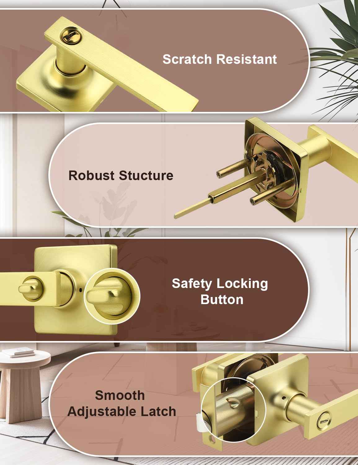 Mengico 6 Pack Gold Privacy Lever Door Handle Interior with Lock, Heavy Duty Square Door Lock for Bed/Bath, Keyless Door Locksets, Reversible for Left Right Handed Doors