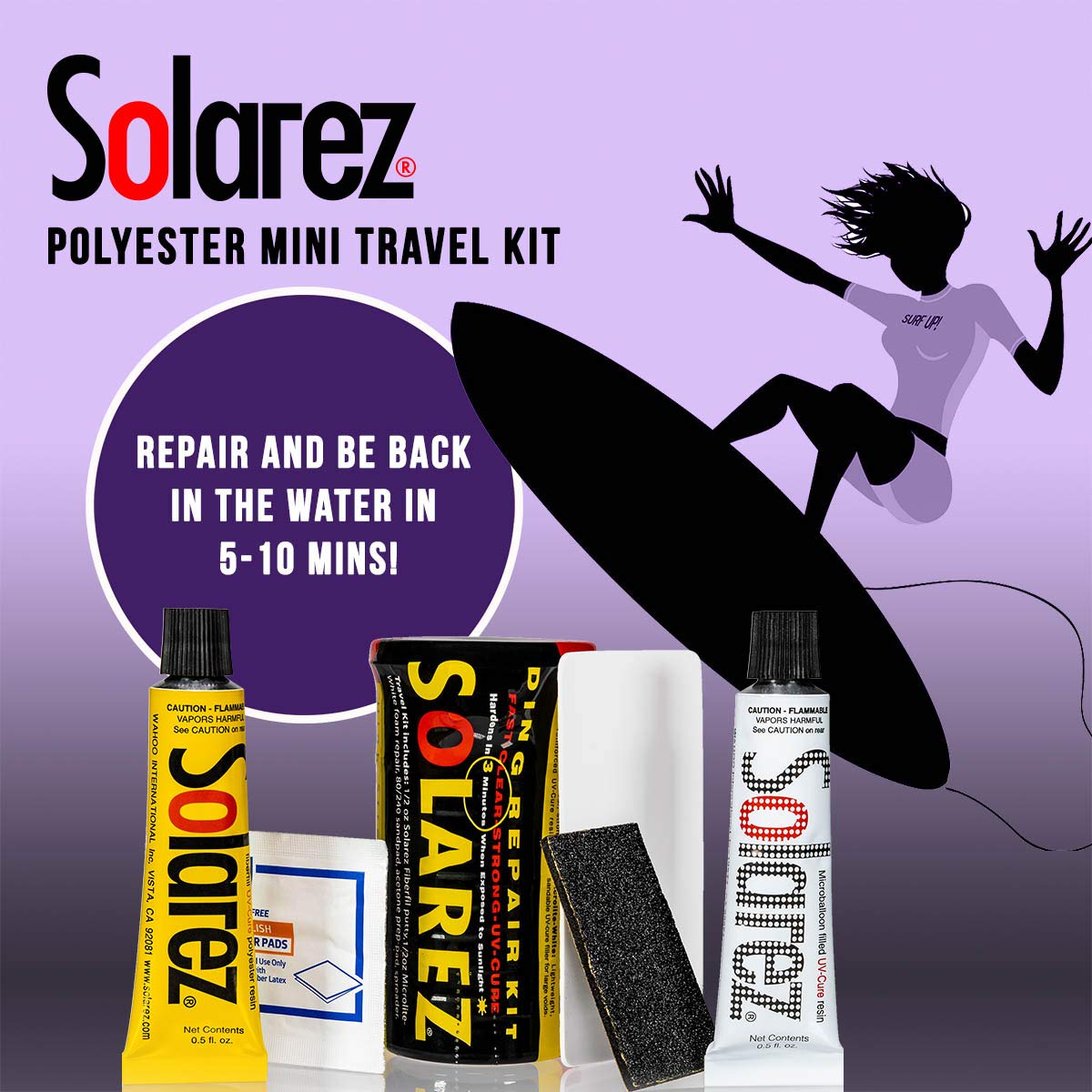 Solarez Polyester Mini Travel Kit ~ Surfboard Ding Repair - Paddle Board Wakeboard Repair ~ Kit Includes: Poly and Microlite Fast Cure Resins, Sanding Pad, Spreader, Alcohol Pad, in Watertight Capsule
