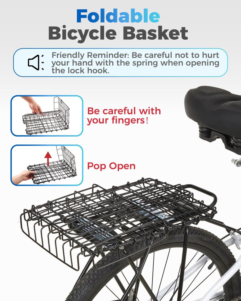 Fitense Rear Bike Rack with Basket- Bicycle Cargo Rack with Waterproof Cover, Liner and Cargo Net, Bike Storage Basket for Double - Rod axle Bikes for 26" - 29" and 700c Bikes
