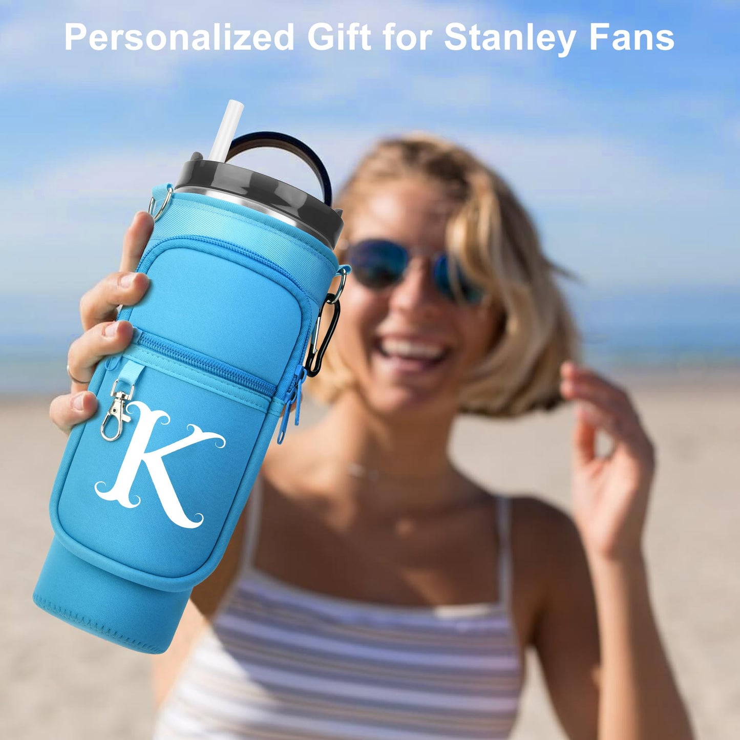 LOKASS Personalized Water Bottle Holder with Strap for Stanley Cup Accessories 40 oz, Initial for Stanley Cup Holder Carrier Bag with Phone Pocket, Hands-Free Tumbler Carrier for Travel Gym Walkin