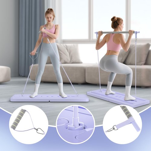 Lazolloa 5 in 1 Pilates Board, Foldable Pilates Reformer Set with Resistance Bands, Portable Pilates Sliding Board, Trainer Machine for Home Workout, Ab, Core, Fitness, Exercise, Purple