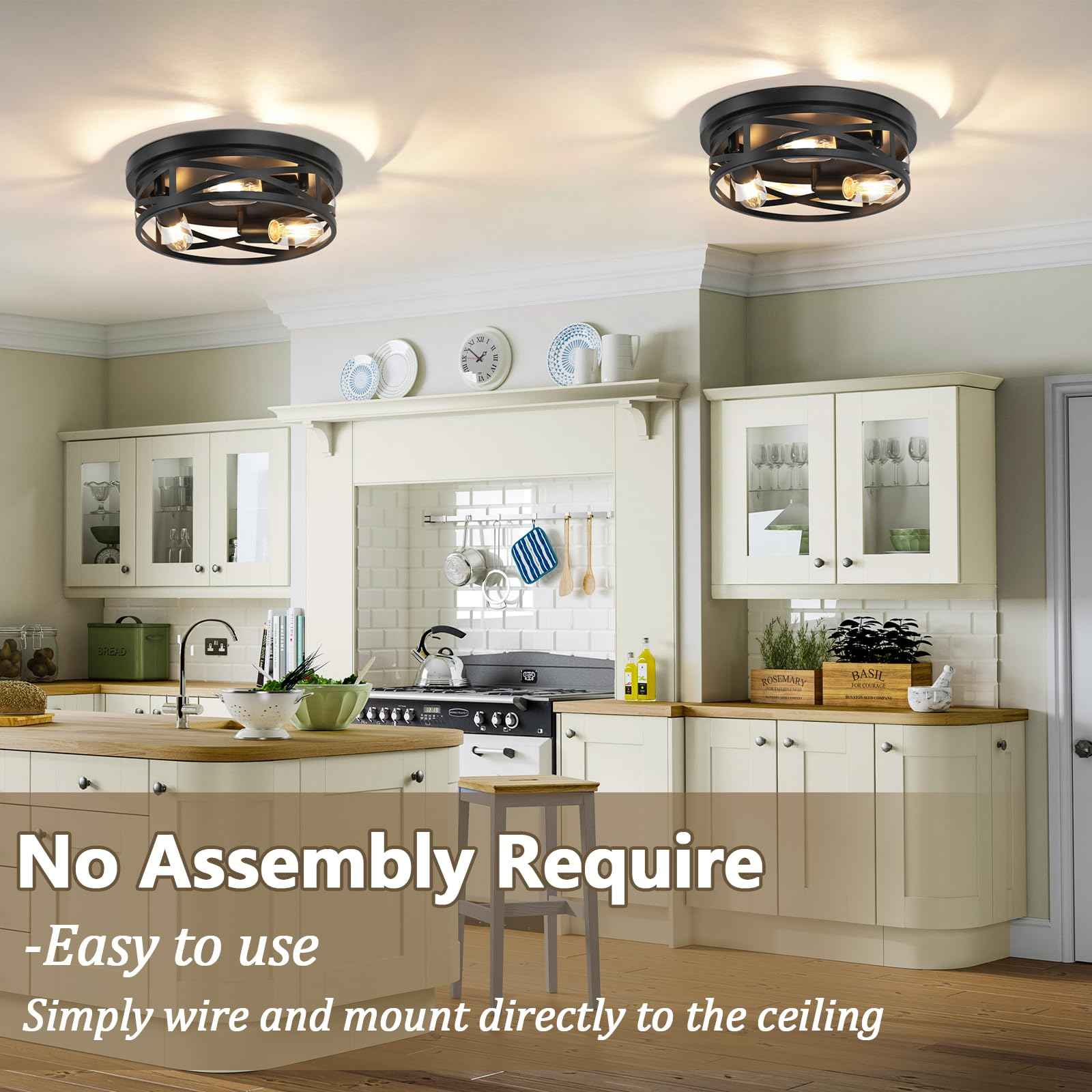 13-Inch Farmhouse Ceiling Light Fixtures 2-Pack, 3-Light Black Flush Mount Ceiling Light, Kitchen Lighting Fixtures Ceiling with Adjustable Head, Ceiling Lights for Hallway Kitchen Entryway, E26 Base