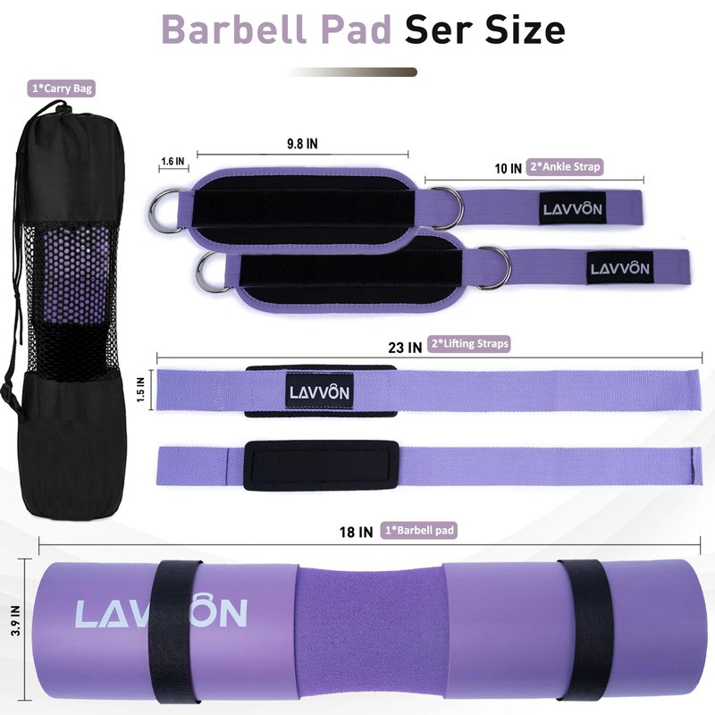 Squat Pad Set - Foam Barbell Pad for Squats Cushion, Lunges & Bar Padding for Hip Thrusts -Standard Olympic Weight Bar Pad,Gym Accessories for Women(Ankle Straps,Wrist Straps for Weightlifting)(Purple)