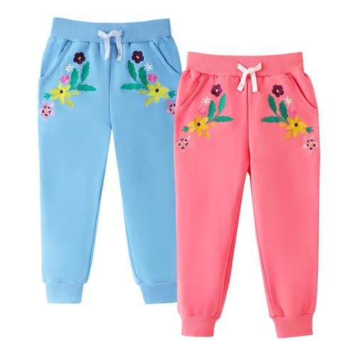 HILEELANG Toddler Girls Cotton Joggers Sweatpants Floral Embroidery Drawstring Waist and Pockets-Pink Blue Casual Athletic Pants for Kids 3Y