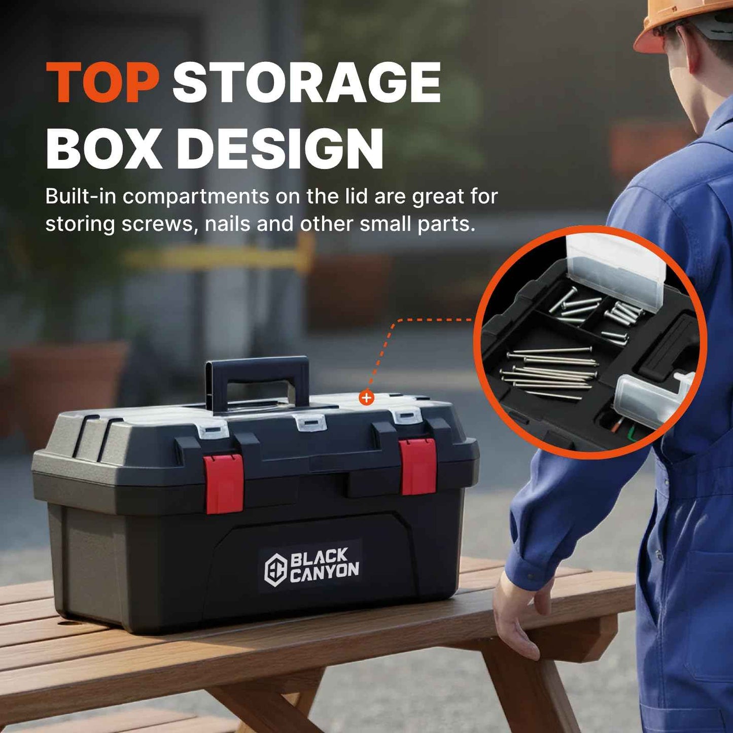 Black Canyon 17 Inch Plastic Tool Box, Support up to 44 lbs, w/Handle, Polypropylene, Dual-Layer Design, Flexible for Stacking, Top-Lid Storage, Ideal for DIY, Workshop, Job Site Organization