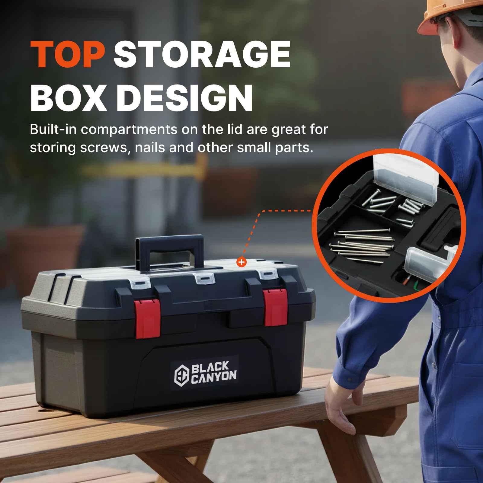 Black Canyon 17 Inch Plastic Tool Box, Support up to 44 lbs, w/Handle, Polypropylene, Dual-Layer Design, Flexible for Stacking, Top-Lid Storage, Ideal for DIY, Workshop, Job Site Organization