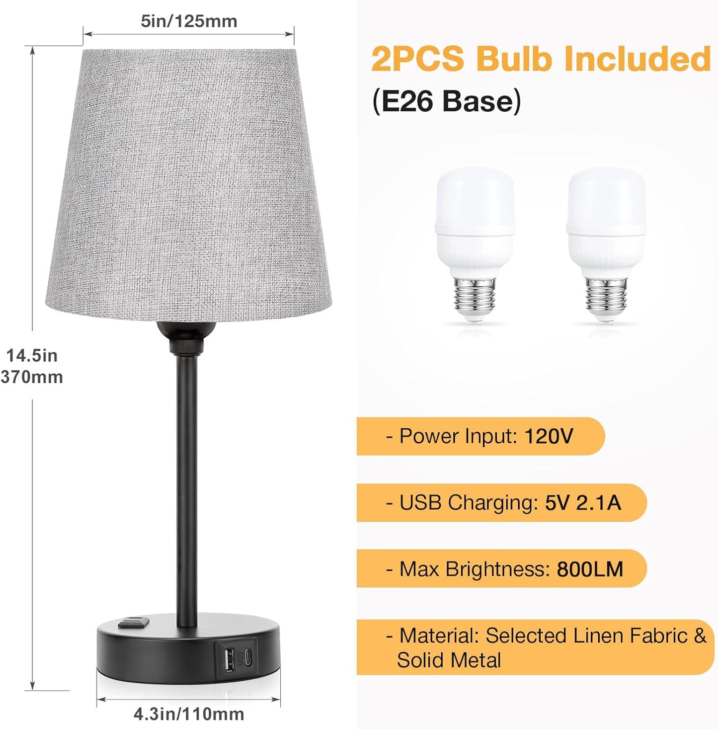 Set of 2 Mini Bedside Lamps with USB-C & AC Outlet - Dimmable Touch Nightstand Lights for Bedrooms