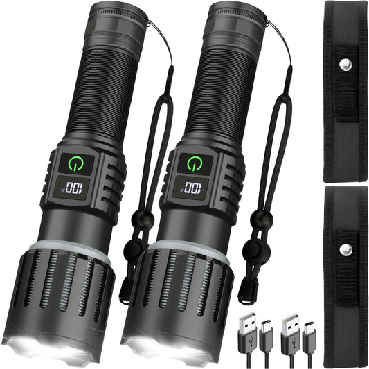 Victoper Rechargeable Flashlight, Titanium 5 Modes Zoomable Flash Light, Bright Real 1500 High Lumens Flashlights, LED Power Display Tactical Flash Lights Holster for Camping Essential Men