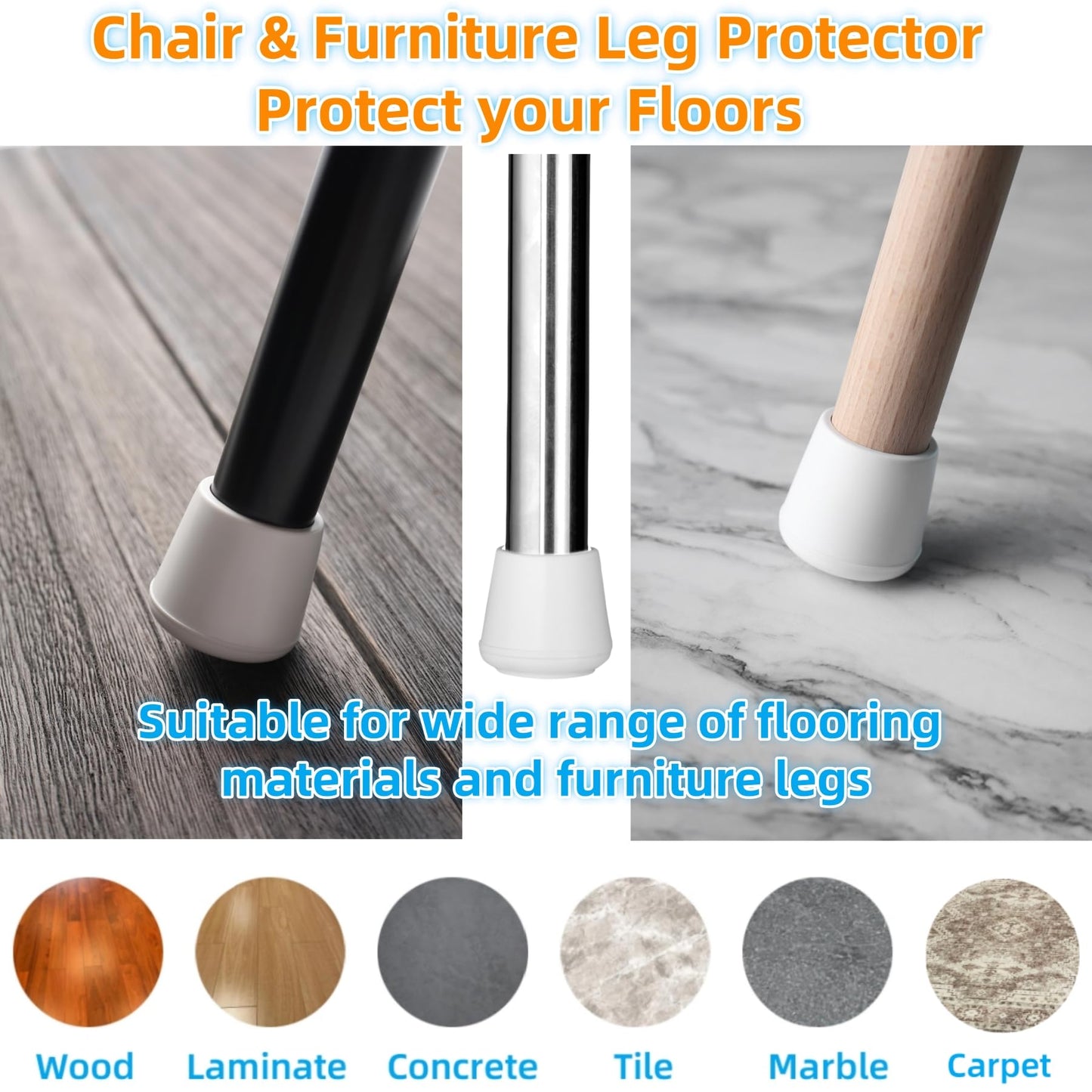 1" Chair Leg Tips Caps, Non-Slip Rubber Leg Tips, Stool Leg Protectors Cap, Folding Metal Chair Leg Tip Replacement, Chair Leg Floor Protectors Round White, 12 Pack