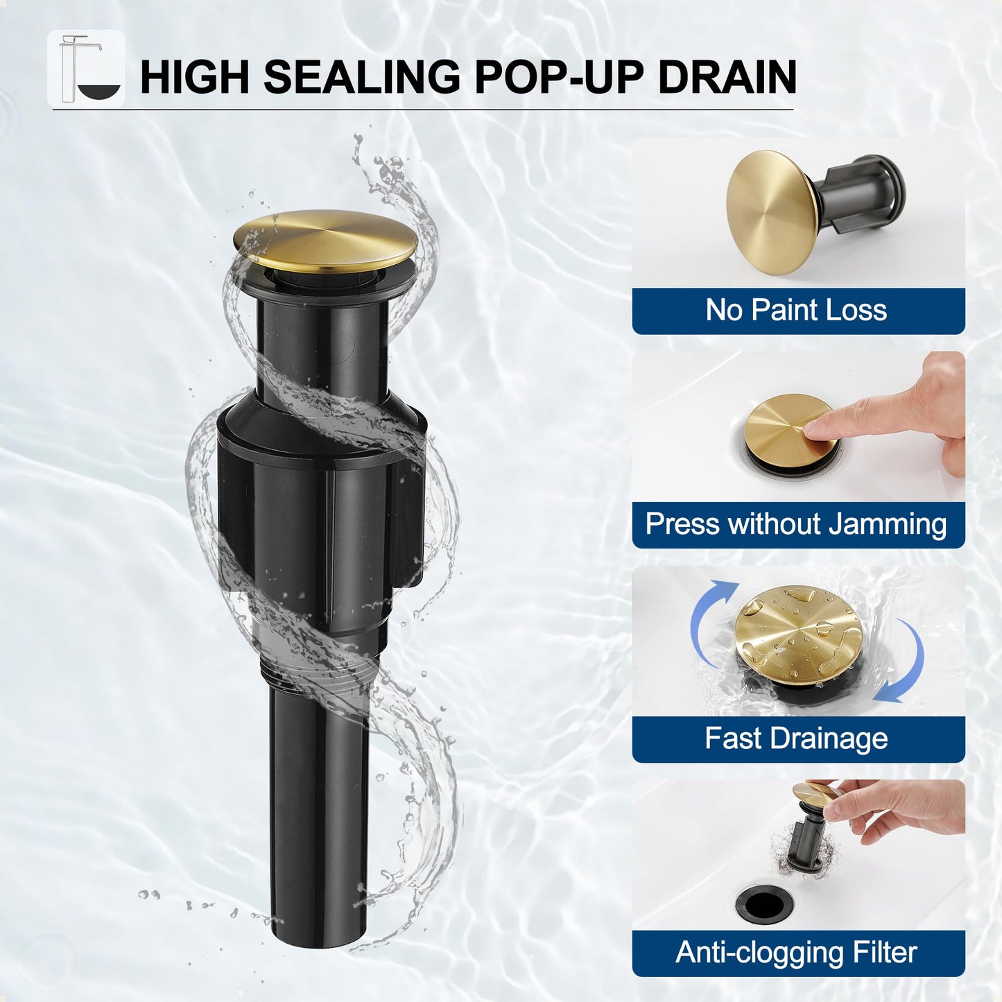 HEYMYTAP Gold Vessel Sink Faucet, Brass Waterfall Tall Faucet for Bathroom Sink 1 Hole with Pop Up Drain and Supply Hoses for Vanity Restroom Modern