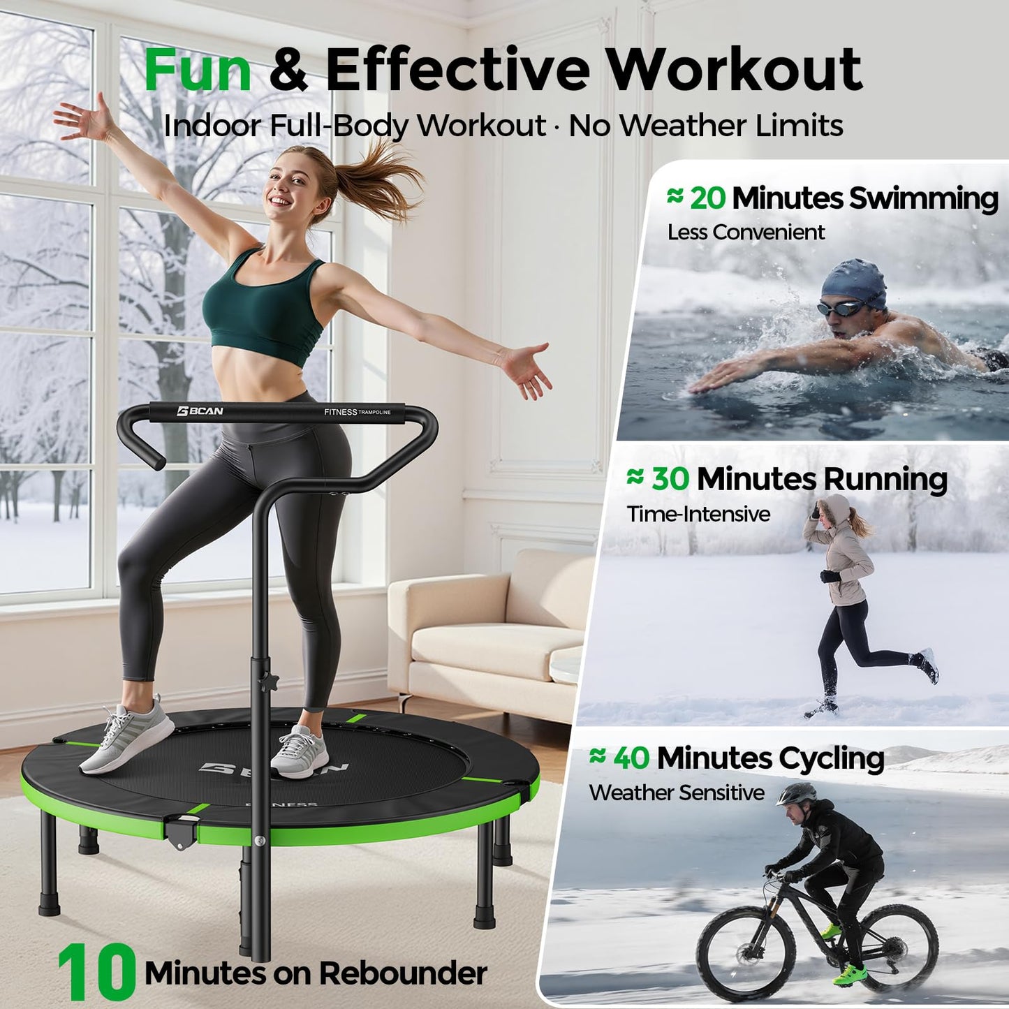 BCAN SP3 40"/48" Foldable Mini Trampoline, Rebounder Trampoline for Adults, U/T Adjustable Foam Handle, Exercise Rebounder for Adults Indoor/Garden Workout, Max Load 330lbs/440lbs-40T-Green
