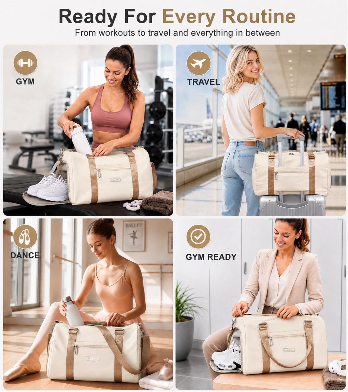 FIORETTO Womens Gym Tote Duffle Bag with Wet Pocket & Shoe Compartment, Sports Duffel Overnight Weekender Hospital Workout Carry on Bag for Girls, Ideal for Travel, Swimming, Dance, Ballet Beige