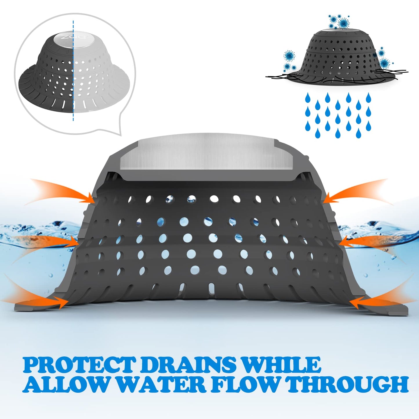 zaa Bathtub Drain Hair Catcher, Premium Silicone Collapsible One Pack Drain Protector for Pop-Up and Regular Drains of Shower, Bathtub, Tub, Bathroom, Sink, Black