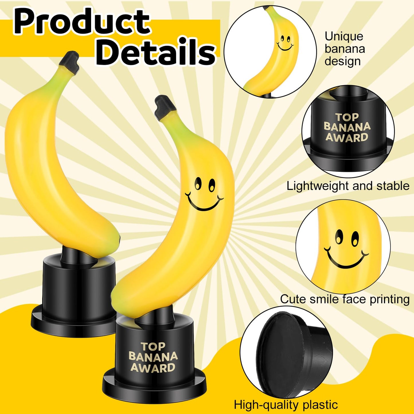 Tondiamo 6 Pcs Top Banana Award Trophy Plastic Cute Fun Award Trophy Smiling Yellow Banana on Black Stand Funny Trophies Gifts
