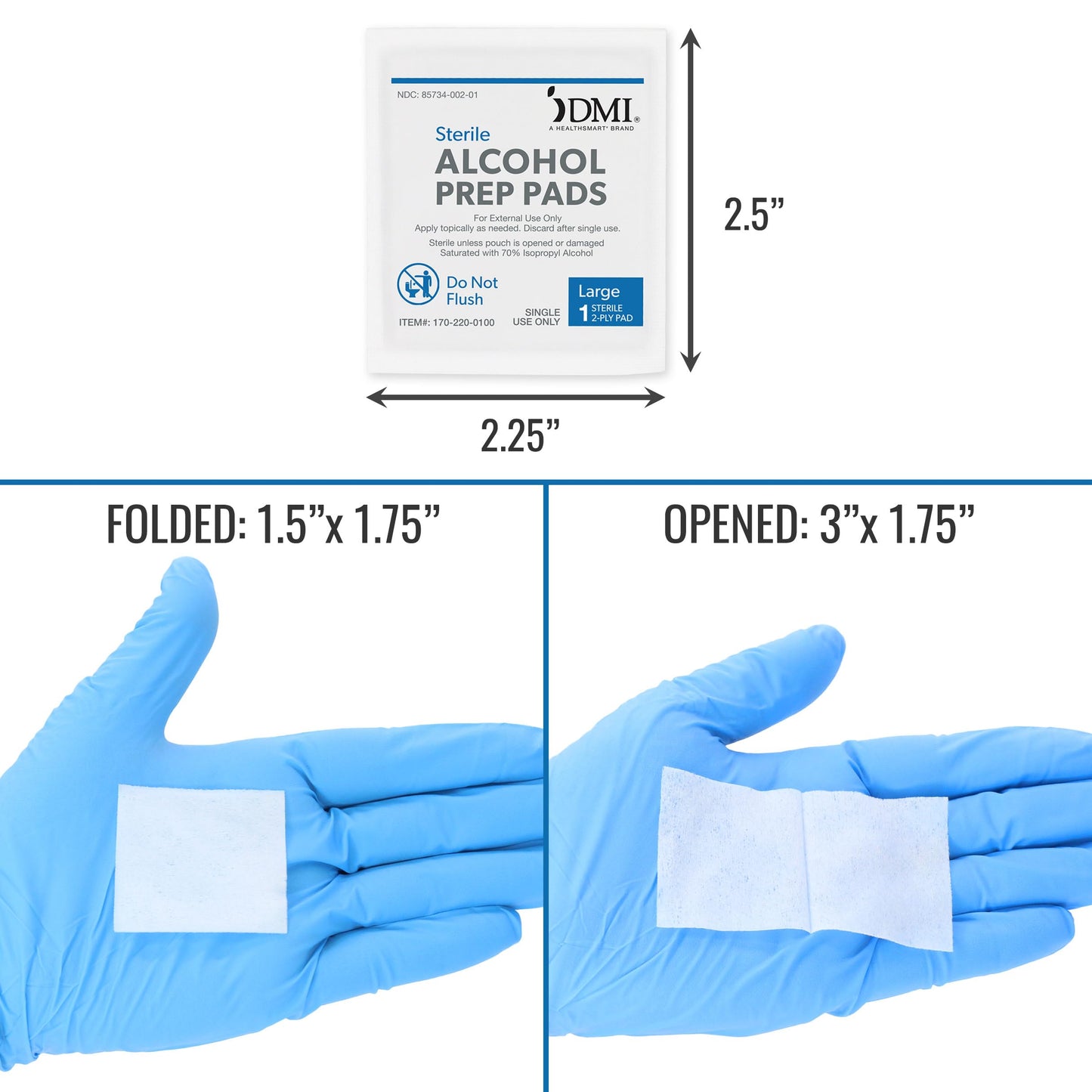 DMI Alcohol Prep Pads, 500 Count (5 Boxes of 100), Medical Grade Large 70% Isopropyl Alcohol, 2-Ply Individually Wrapped Antiseptic Wipes for Medical, Cleansing, and Injections