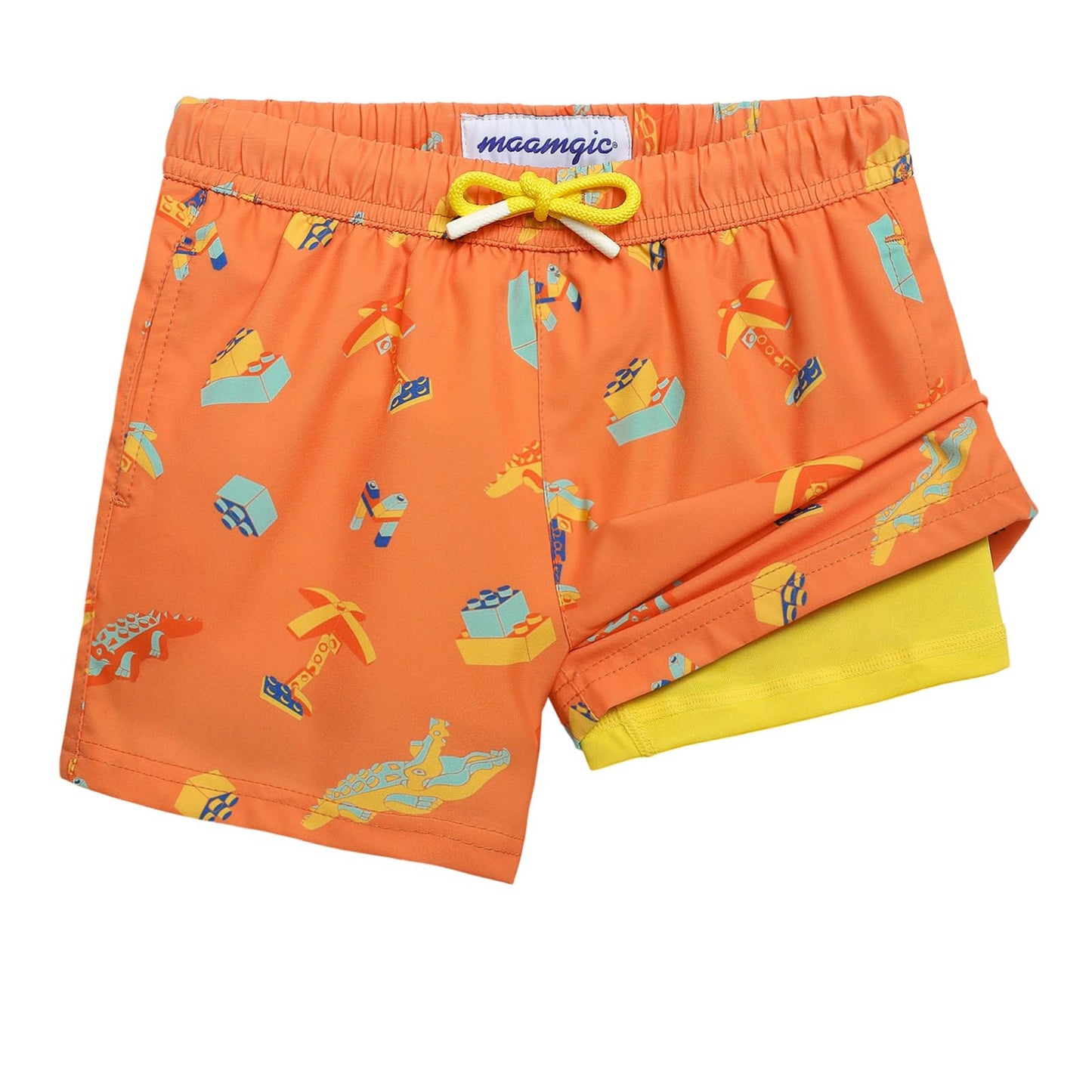 maamgic Boys Swim Trunks with Compression Liner Toddler Stretch Swim Shorts Quick Dry Swimming Trunks Boxer Brief 2 in 1 Beach Shorts Orange Blocks 14/16