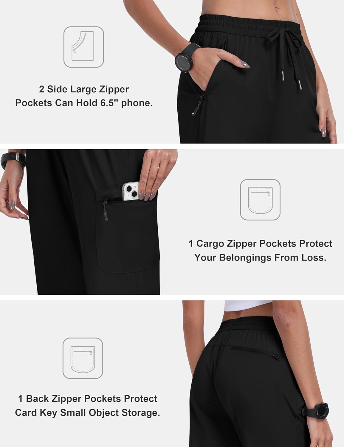 MoFiz Women's Hiking Cargo Pants - Lightweight Athletic Joggers with Pockets | Black, Size M