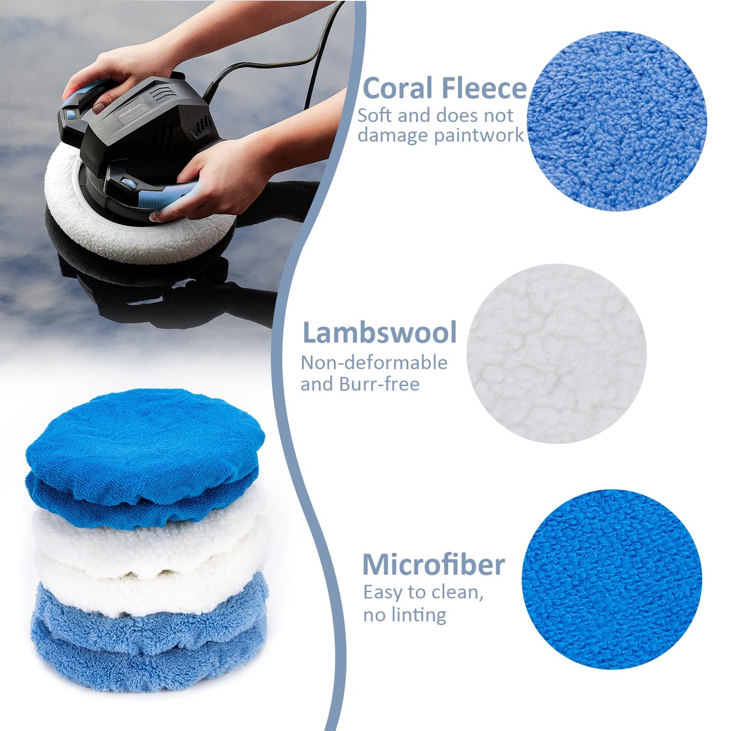 THINKWORK 6 Pcs Car Polishing Pad, Buffing Pad for 10 Inch Car Polisher, Microfiber Wax Applicator Pad for Car, Microfiber, Wool, Coral Fleece
