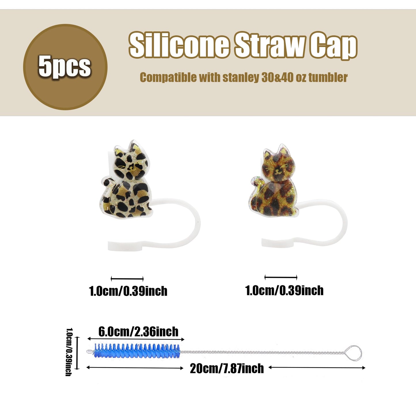 5Pcs Glitter Cat Straw Covers Cap for Stanley Cup, 0.4in/10mm Silicone Straw Toppers Compatible with Stanley 30&40 Oz Tumblers, Reusable Drinking Straw Tips Lids