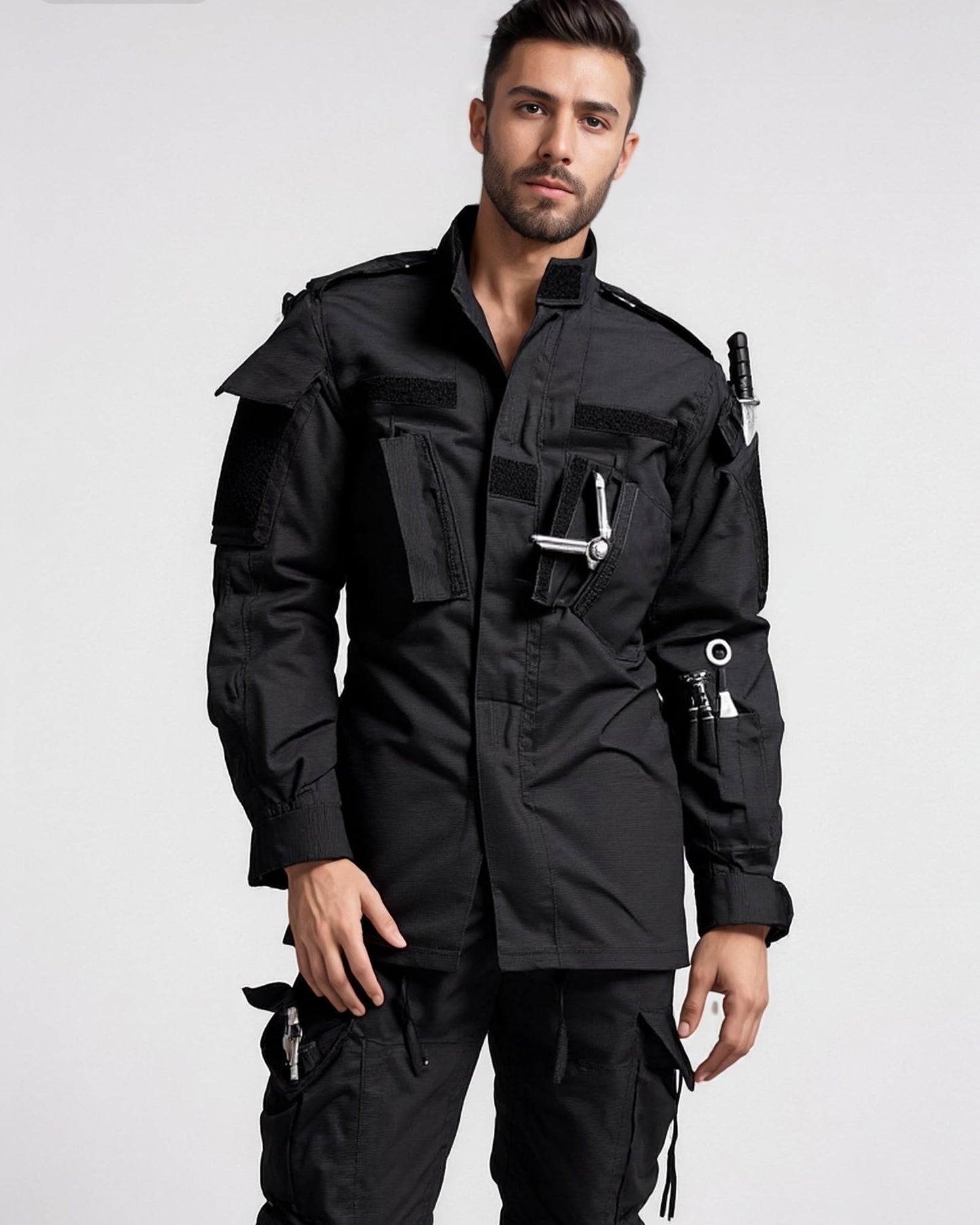 ACU Tactical Military Uniform Set Camo Combat Jacket Pants Suit Outdoor Hunting Paintball Airsoft Apparel for Men Black M
