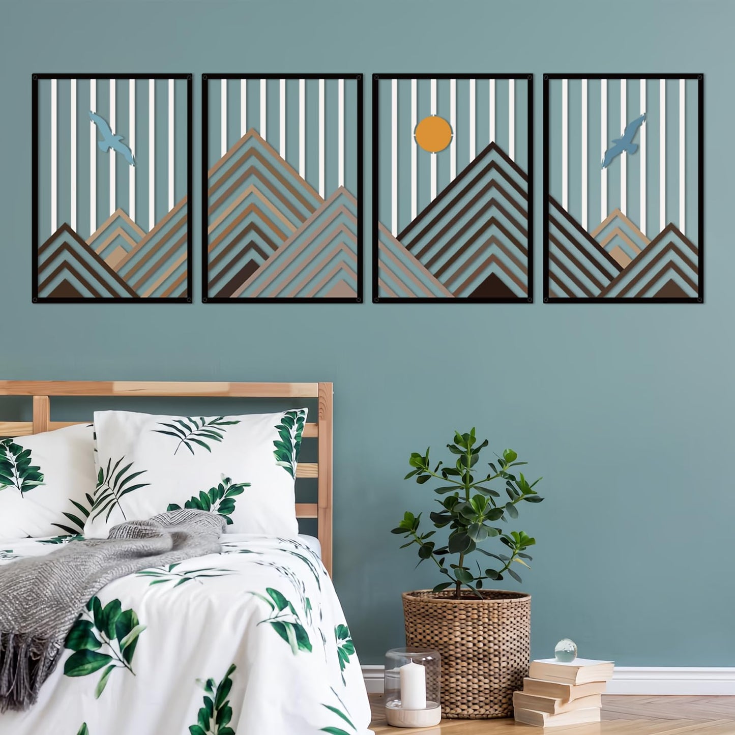 Resama 4 Pcs Geometric Mountain Wall Art, Bird & Sun Nature Metal Wall Decor, Modern Abstract Mountain Range Wall Sculpture for Living Room Bedroom, Minimalist Home Hanging Art