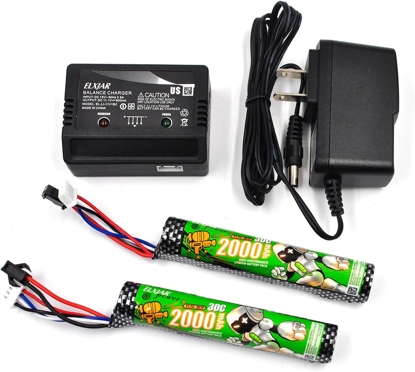 Skiennix 2-Pack High Power Rechargeable Li-ion Battery Pack - 11.1V 2000mAh 30C for RC Cars & Drones | SM-2P Plug & Charger Included
