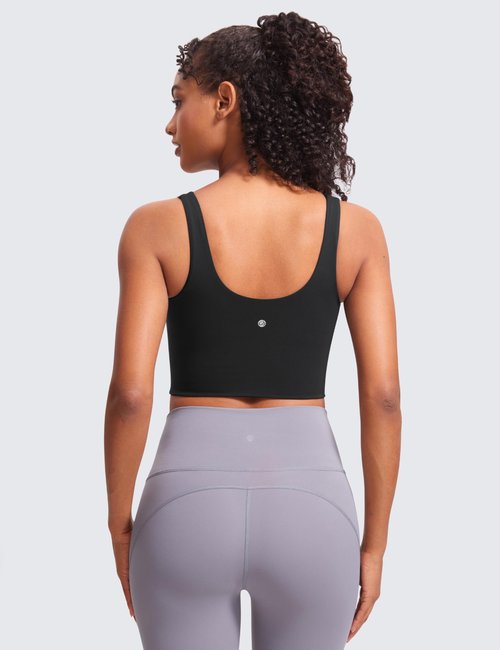 CRZ YOGA Softness Mold Butterluxe Longline Sports Bras for Women - Molded Cup V Neck Yoga Clothes Workout Crop Tank Top Black Large